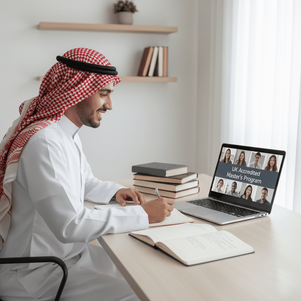  Saudi student in thobe and ghutra studying online for a UK-accredited master’s degree. 